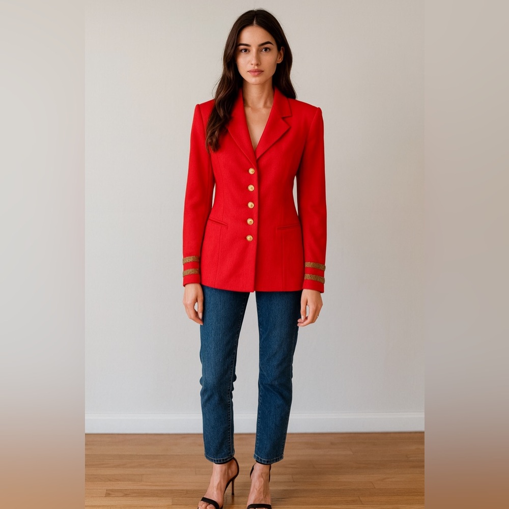 Escada Margaretha Ley Wool Vtg 80s 1980s Poppy Red Gold Nautical Blazer Jacket - Picture 3 of 14